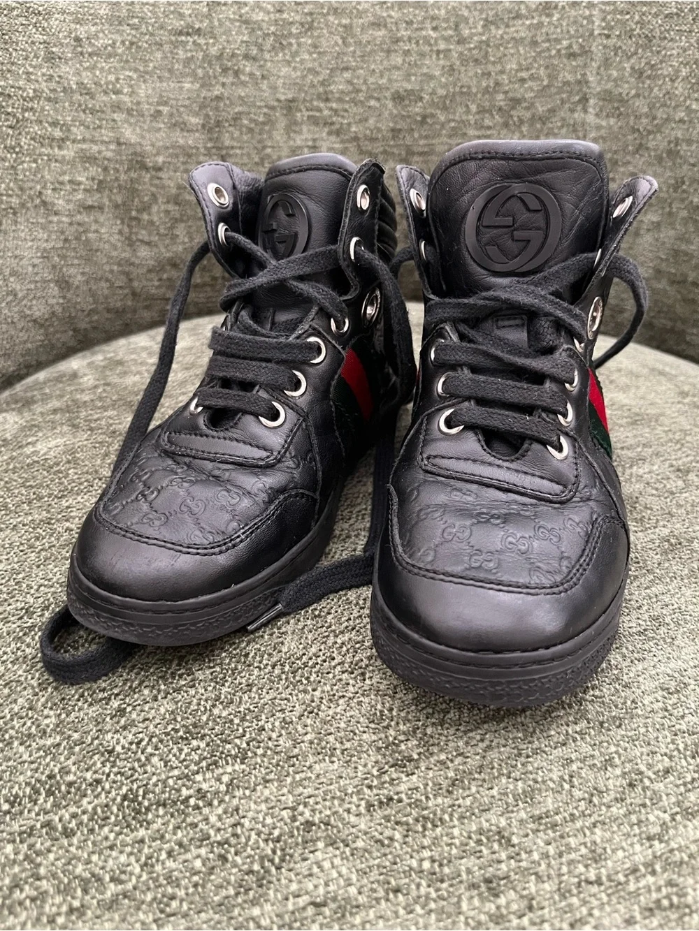 Gucci Boys Black High Top Sneakers GG Guccissima Web size 29 Stripe Lace Up